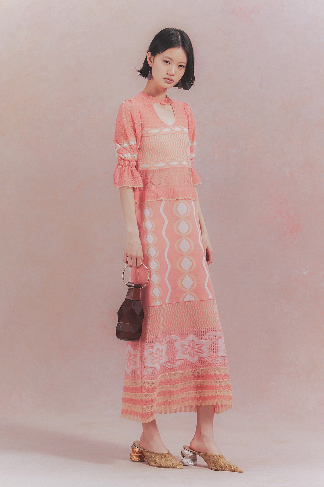 Sazanka wave-pattern lamé knitted dress PINK