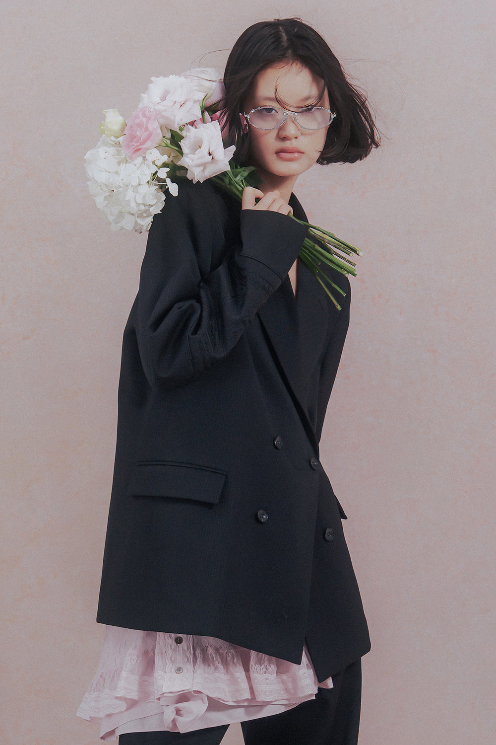 KIKU embroidered double-breasted wool jacket Black