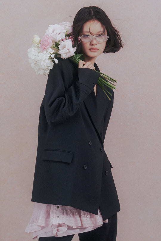 KIKU embroidered double-breasted wool jacket Black