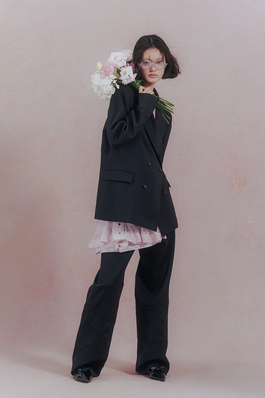 KIKU embroidered wide-leg wool suit trousers Black