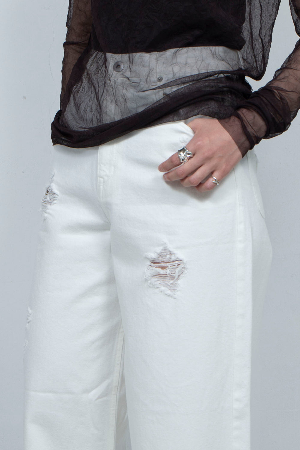 Crushed Denim Pants White