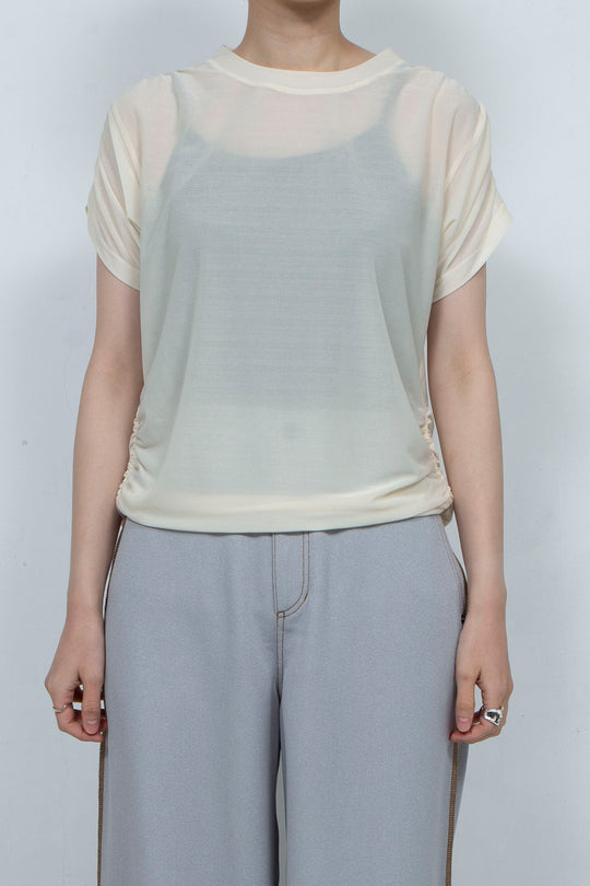 PEIEN See-through Gathered T-shirt Beige