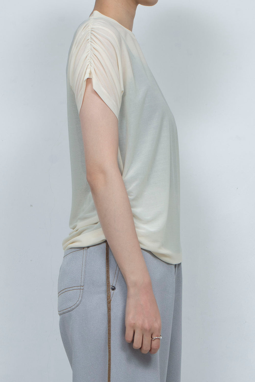 PEIEN See-through Gathered T-shirt Beige