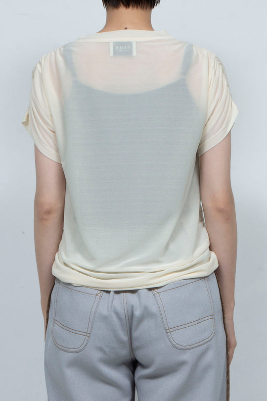 PEIEN See-through Gathered T-shirt Beige