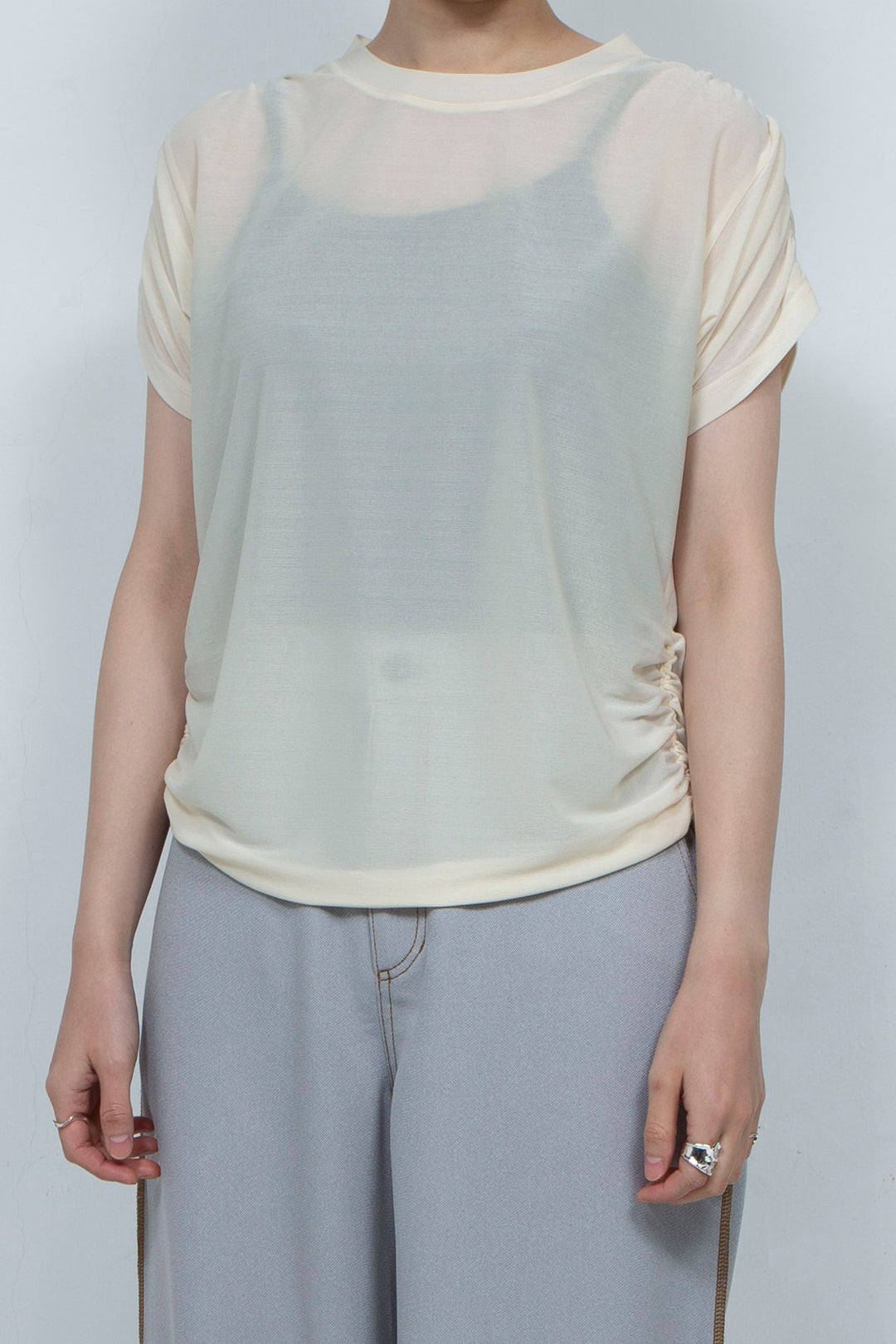 PEIEN See-through Gathered T-shirt Beige