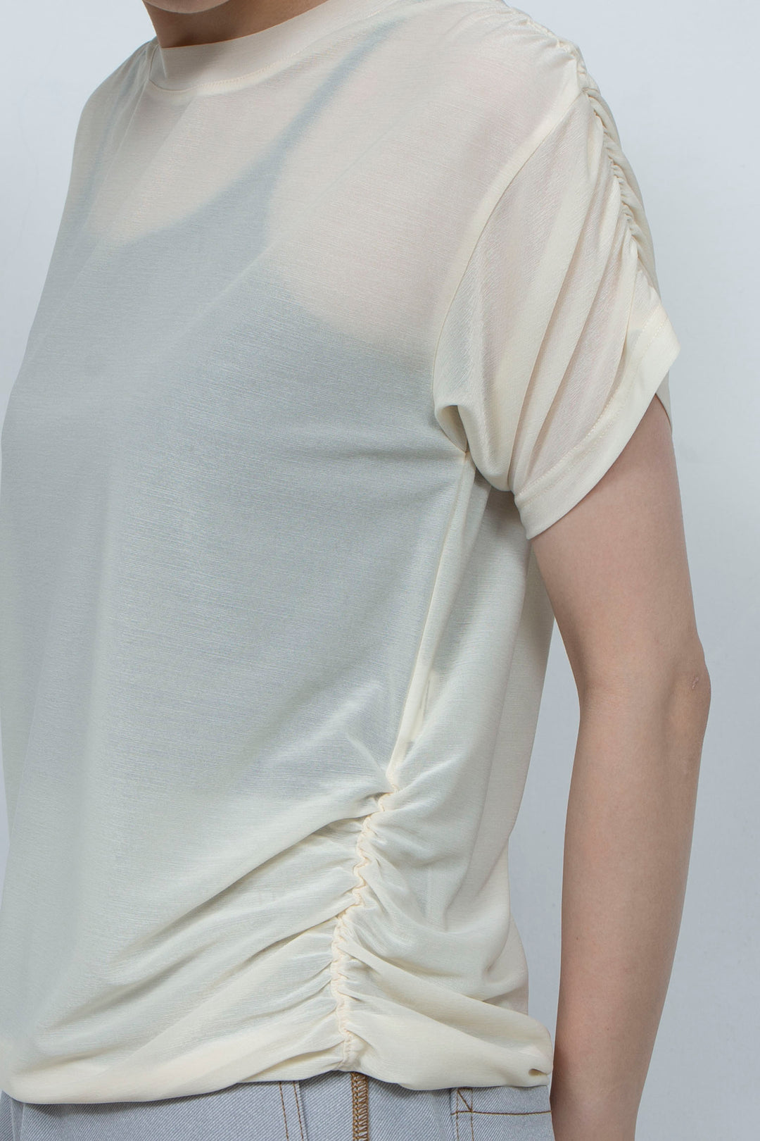 PEIEN See-through Gathered T-shirt Beige