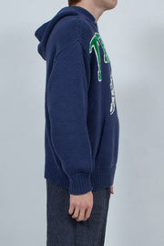 Hand Knit Hooded College Sweater NAVY