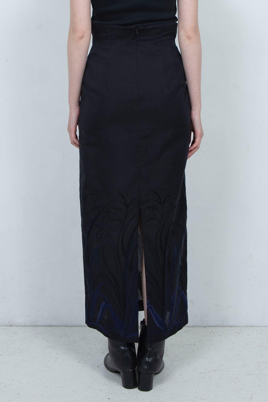 Embroidery linen pencil skirt BLACK