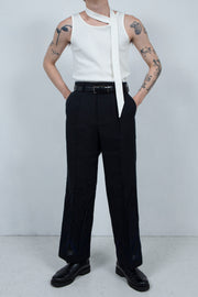 Embroidery linen straight trousers BLACK