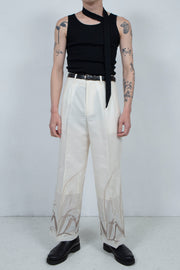 Embroidery linen straight trousers IVORY