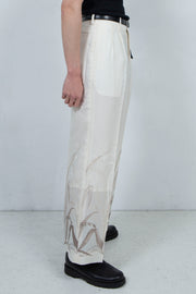 Embroidery linen straight trousers IVORY