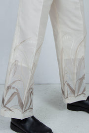 Embroidery linen straight trousers IVORY
