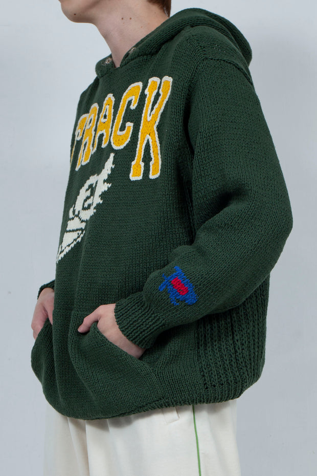 Hand Knit Hooded College Sweater (IVY GREEN) / RICE NINE TEN